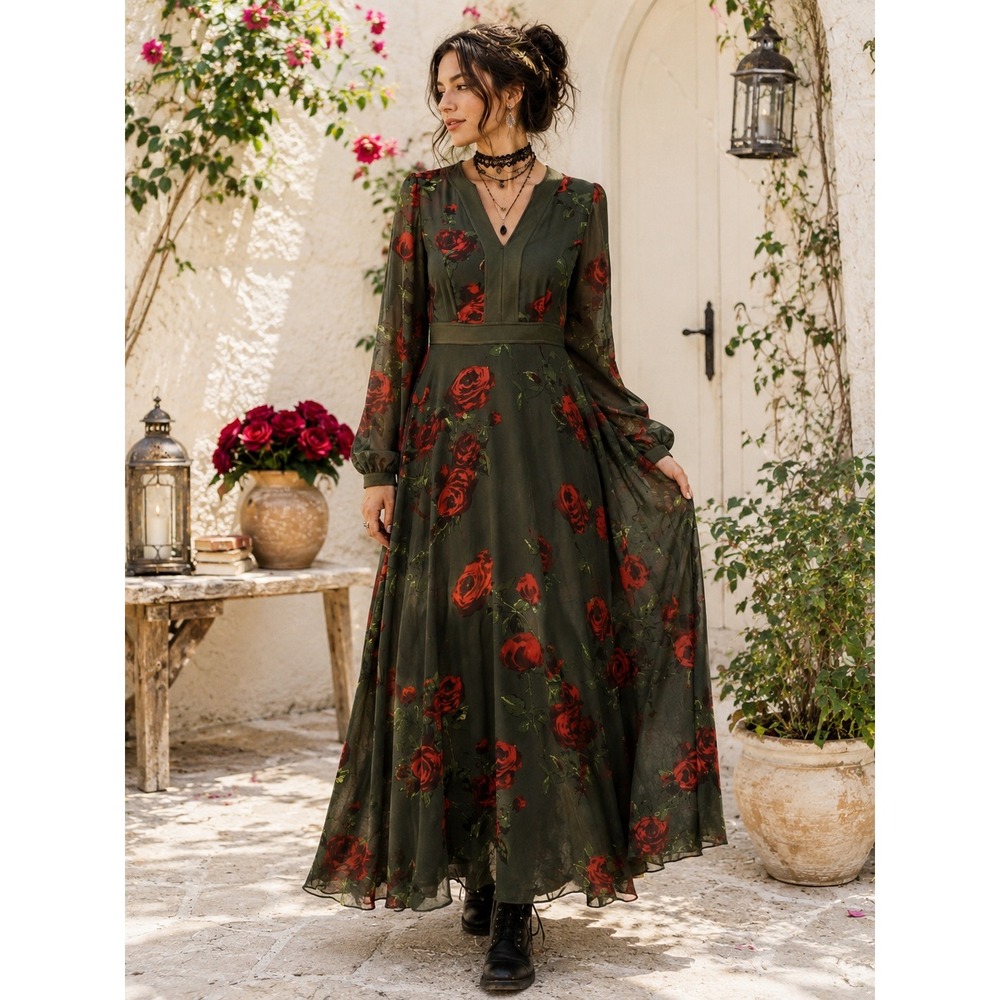 Boho Chic Luxury Sheryl Crow Green Red Rose Floral Long Sleeve 6 Maxi Dress